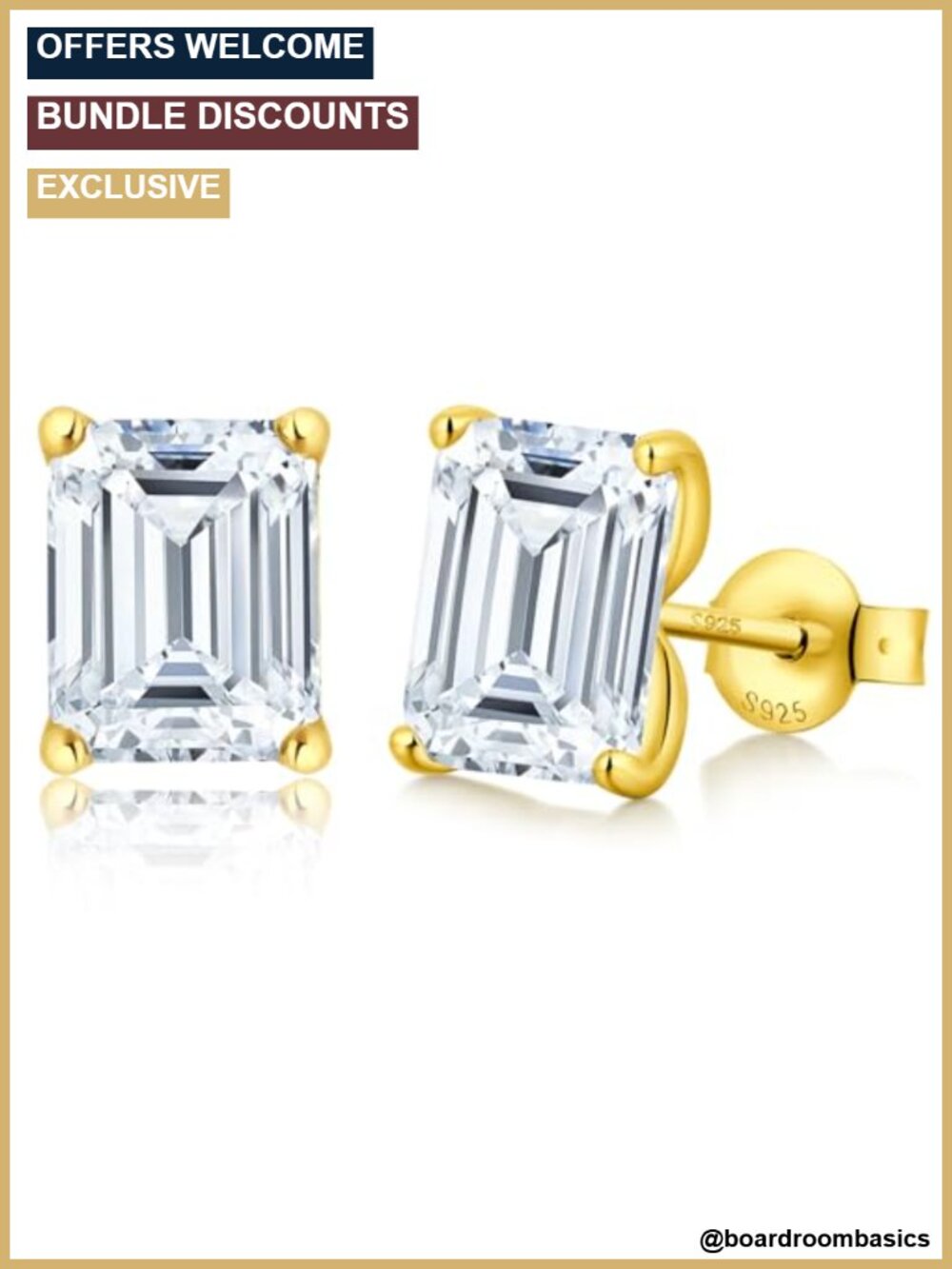 925 Sterling Silver Emerald Cut Stud Earrings Cubic Zirconia Hypoallergenic